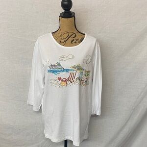 Quacker Factory White Beach Scene Long Sleeve Top
